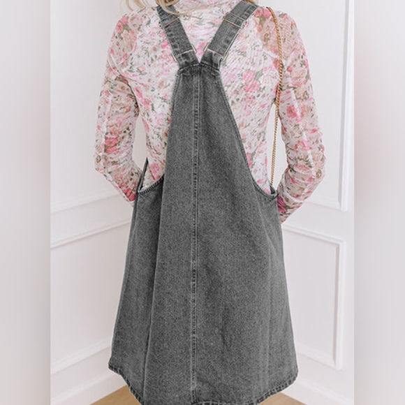 Retro Denim Overall Mini Dress Patch Pocket Sleeveless Jean Button-Up Romper - Picture 4 of 16